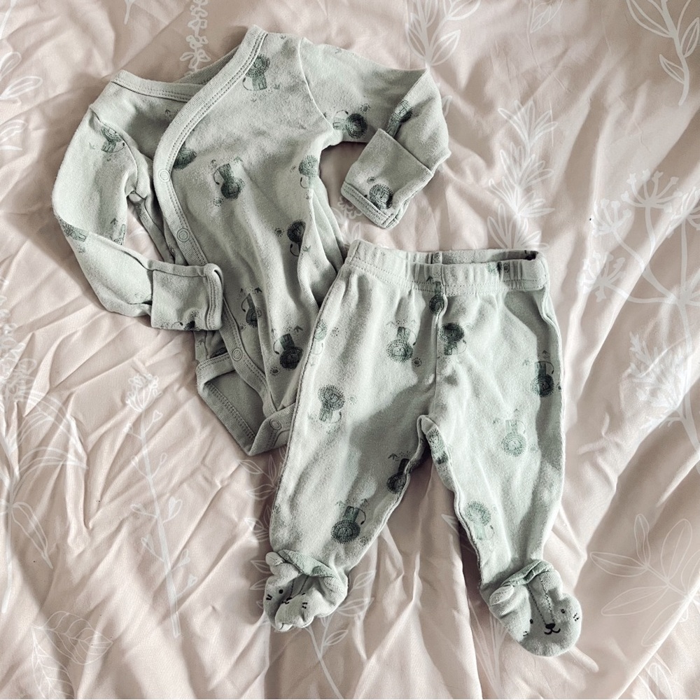 green lion baby outfit — onesie and pants